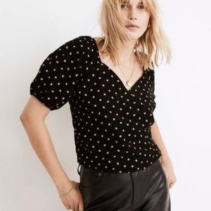 Madewell Corduroy Black Yellow Polka Dot Wrap Top with Puff Sleeve